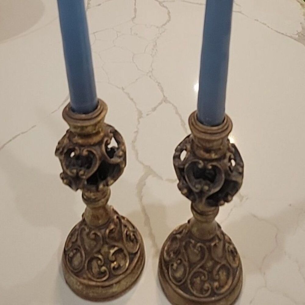 Ornate Candle Scroll Holder Gold Tone  Beige Resin 8 Inches Tall Par Lot Of 2 VG